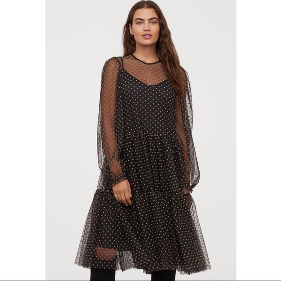 H&M Dresses & Skirts - H&M Polka Dot Flock Print Black Mesh Dress